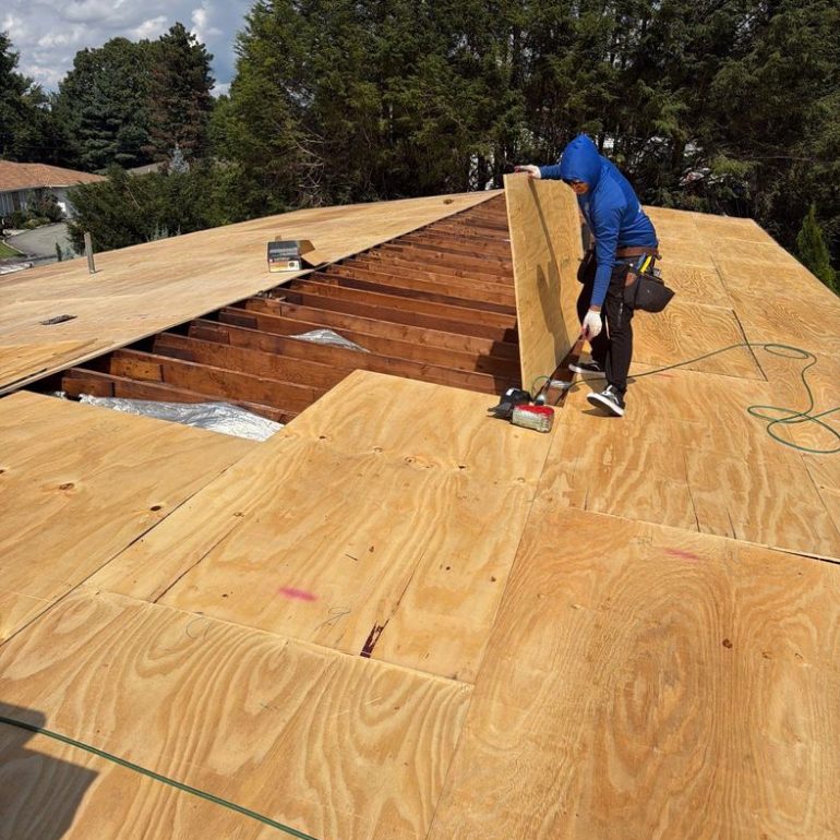 plywood roof sheathing installation rhode island New plywood roof sheathing panels installed across a residential roof in Rhode Island